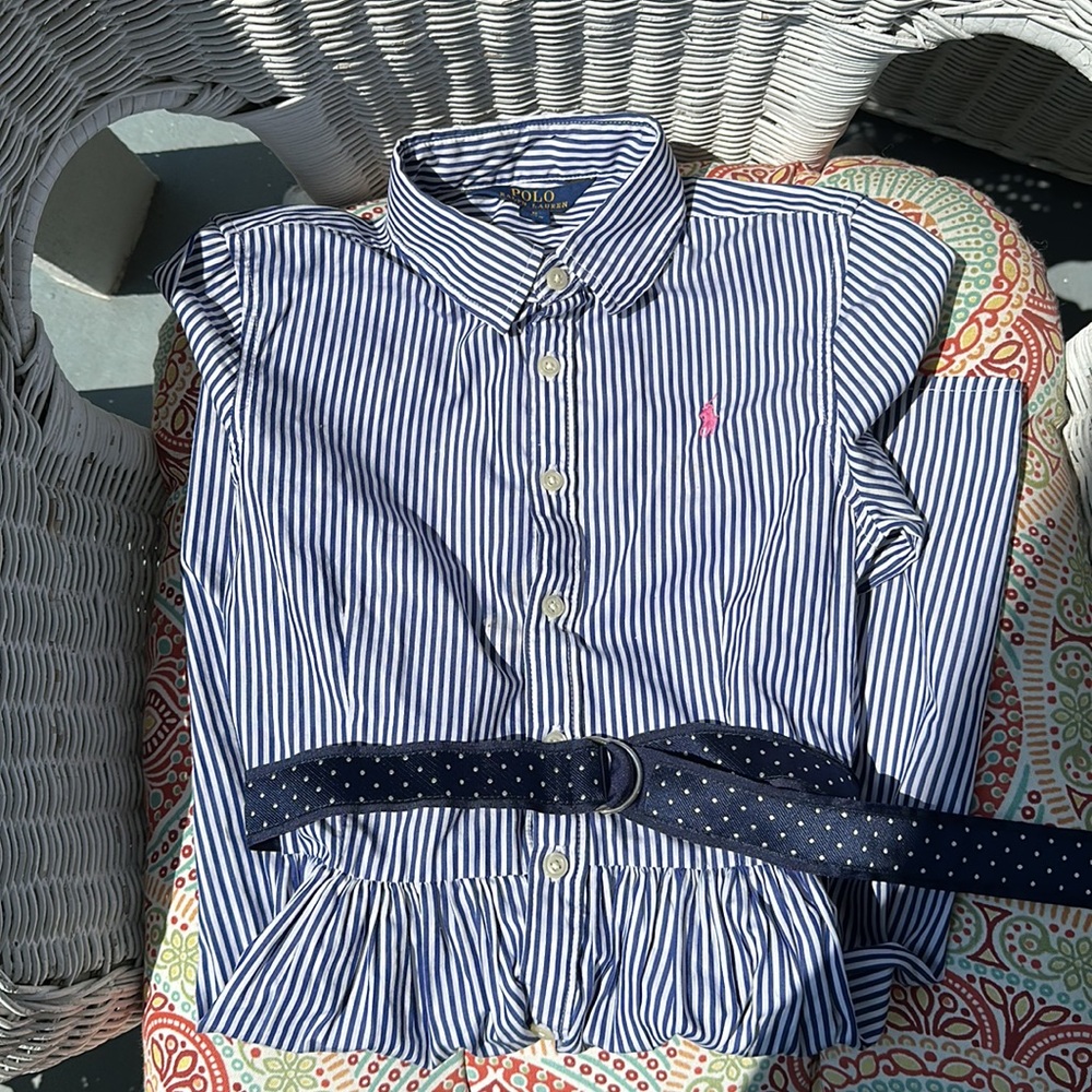 POLO Ralph Lauren. Classic long-sleeved shirt dress. Blue, white strip.